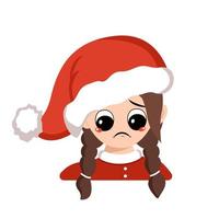 Girl with big eyes and sad emotions, depressed face, down eyes in red Santa hat. Cute child with melancholy expression in carnival costume for holiday, New Year and Christmas. Head of adorable kid vector