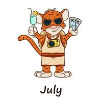 Tiger is symbol of the Chinese new year, with the inscription July. Wearing sunglasses with cocktail in his hands. Perfect for creating calendar. Vector cartoon style