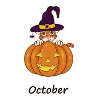 El tigre es símbolo del año nuevo chino, con la inscripción octubre. con sombrero de bruja con calabaza para halloween. perfecto para crear calendario. estilo de dibujos animados de ilustración vectorial vector