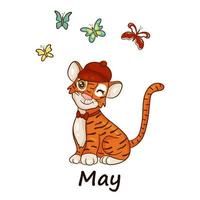El tigre es símbolo del año nuevo chino, con la inscripción may. con gorra y pajarita, con mariposas volando alrededor. perfecto para crear calendario. estilo de dibujos animados de vector