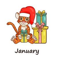 Tiger is symbol of the Chinese new year with the inscription January. In the red hat of Santa Claus with gifts. Perfect for creating a calendar. Vector illustration cartoon style