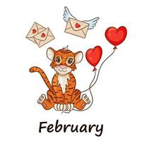 Tiger is symbol of the Chinese new year, with the inscription February. With red balls in the shape of heart. Perfect for creating calendar. Vector illustration cartoon style