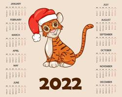 Calendar design template for 2022, the year of the tiger according to the Chinese or Eastern calendar, with an illustration of the tiger. Horizontal table with calendar for 2022. Vector