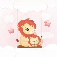 Adorable lion mom and baby in watercolor illustration vector