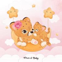 Cute mom and baby cheetah in watercolor illustration vector