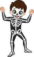 niño de dibujos animados en traje de esqueleto de halloween