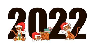 Happy New Year 2022 text design with cartoon style with tigers. The symbol of the year according to the Chinese calendar. Design brochure, template, postcard, banner. Vector illustration.