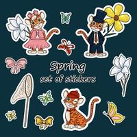 Set of stickers with the symbol of the year of the tiger according to the Chinese calendar. Stickers with spring elements, flowers, butterflies, butterfly net. Vector cartoon style