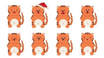 Set of cute little tigers cats in a flat style. Animal symbol for Chinese New Year 2022. An angry sullen orange tiger stands and sits with a fish. For a banner, childrens decor. Vector illustration.