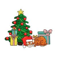 feliz navidad y año nuevo tarjeta de felicitación. tigre con sombrero rojo de santa duerme bajo el árbol de Navidad con regalos. estilo de dibujos animados de ilustración vectorial vector