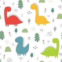 Seamless pattern dinosaur and tree Cute animal cartoon background hand-drawn in kid-style design for print, wallpaper, fabric, textile vector illustration