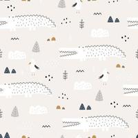 Seamless pattern Animal cartoon background with crocodile and white bird Hand drawn design in childrens style, use for print, decoration wallpaper, fabric, textile. Vector illustration