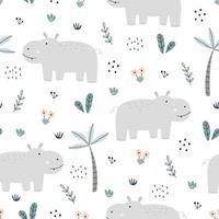 Seamless pattern Cartoon animal background has hippo with trees and flowers Simple design, hand-drawn in children's style, used for Print, wallpapers, decoration, textiles Vector illustration