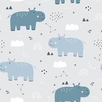 Fondo de animales de dibujos animados de patrones sin fisuras con hipopótamo y cielo diseño simple, dibujado a mano en estilo infantil, utilizado para impresión, fondos de pantalla, decoración, textiles, ilustración vectorial vector