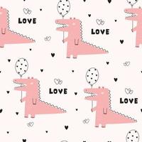 Seamless pattern Cute cartoon background with crocodile holding heart balloon Hand drawn design in kid-style use for print, wallpaper, fabric, textile vector illustration