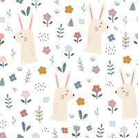 Conejo con jardín de flores de patrones sin fisuras Fondo de animales de dibujos animados lindo diseño dibujado a mano en estilo infantil, uso para impresión, papel tapiz, decoración, textil. ilustración vectorial vector