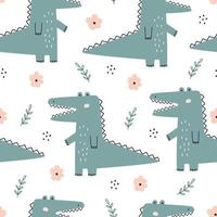 Seamless pattern Cute cartoon background with a crocodile with flowers Hand drawn design in kid-style use for print, wallpaper, fabric, textile vector illustration