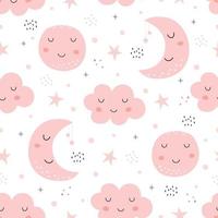 Seamless pattern, sky with crescent moon and pink clouds on white background Hand drawn design in cartoon style, use for print, decoration wallpaper, gift wrap, textiles. Vector illustration