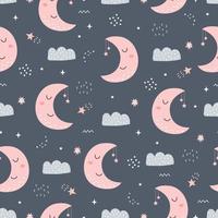 Seamless pattern night sky with crescent moon and clouds Hand drawn design in cartoon style, use for print, decoration wallpaper, gift wrap, textiles. Vector illustration