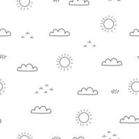 Fondo de cielo de patrones sin fisuras con sol y nubes diseño dibujado a mano en estilo de dibujos animados en blanco y negro. utilizado para impresión, papel tapiz, adorno, ropa, textiles. ilustración vectorial vector