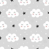 lindo patrón sin costuras para niños. Fondo de cielo con nubes blancas, estilo de dibujos animados sonriente, diseño dibujado a mano, uso para impresión, papel tapiz, papel de regalo, textiles. ilustración vectorial vector