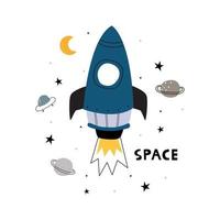 Rocket ship and stars on white background Flat icon vector illustration shuttle flying Space travel New project start ideas Creative