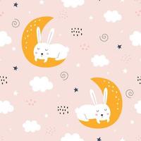 Seamless vector pattern. Sky background with a white rabbit lying on the crescent moon. Hand drawn design in cartoon style, use for print, wallpaper, clothes, textiles.