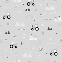 Seamless pattern Farm background with tractor and haystack Hand drawn design in cartoon style and with black and white tone. Used for print, wallpaper, baby clothes, fashion. Vector illustration