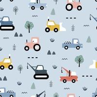 vector de patrones sin fisuras de vehículos de construcción dibujados a mano tiene un tractor con el árbol sobre fondo gris diseño lindo, estilo de dibujos animados, utilizado para impresión, papel tapiz, tela, textil de moda.