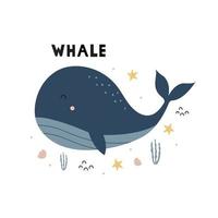 Diseño de estilo plano de dibujos animados de ballena azul para web, ilustración de vector de tarjeta de impresión