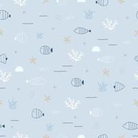 Seamless pattern cartoon background sea life with fish and corals Hand drawn design in child style, use for print, wallpaper, fabric, fashion, textile. Vector illustration