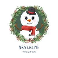 Cute Snowman and Christmas wreath. Christmas and New Year illustration vector