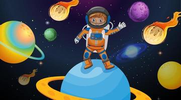 Astronaut kid standing on Saturn planet in space scene vector