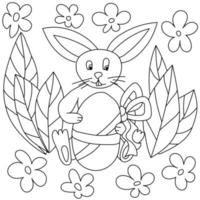 Easter bunny coloring page, cute eared bunny holding Easter egg with bow, coloring book for kids vector