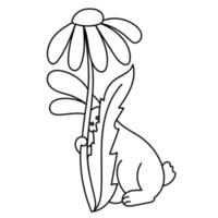 Outline Easter bunny hiding behind a flower, bunny and chamomile for festive activity for children, coloring page vector