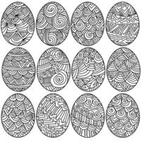 Set of Easter eggs with patterns, coloring page from traditional holiday attributes vector