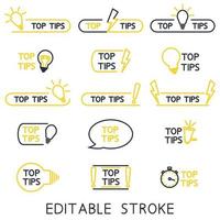 Top tips, helpful tricks, tooltip, hint for website. Set of tricks top tip solution, helpful advice text shapes. Vector icon of solution, advice. Helpful idea outline icons