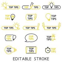 Top tips, helpful tricks, tooltip, hint for website. Set of tricks top tip solution, helpful advice text shapes. Vector icon of solution, advice. Helpful idea outline icons