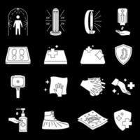Disinfection icons. Cleaning and sanitizer surface, wash hand gel, UV lamp, sanitizing mat, thermographic camera, antiviral cover, antibacterial protection, disinfection tunnel. Antiviral symbols vector