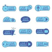 Live Webinar Buttons. Blue color icons for online course, distance education, video lecture, internet group conference, training test. Set of live webinar, broadcasting icons vector