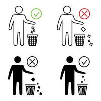 manteniendo la limpieza. icono prohibido. no tire la basura a la papelera. tirando basura, iconos. hombre ordenado o no tirar basura, símbolos, mantener limpio y desechar con cuidado y cuidado vector