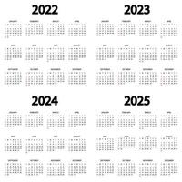 Calendario 2022, 2023, 2024, 2025 año. la semana comienza el domingo. plantilla de calendario anual. calendario anual en inglés. organizador anual en diseño minimalista. Orientación Vertical vector