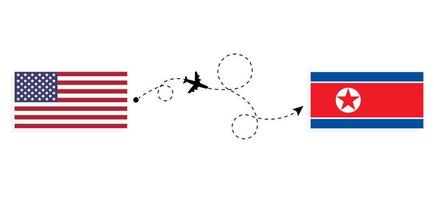 Flight and travel from USA to North Korea by passenger airplane Travel concept vector