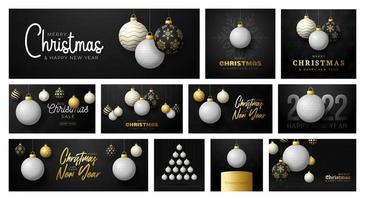 Golf Christmas card set. Merry Christmas sport greeting card. Hang on a thread golf ball as a xmas ball and golden bauble on black background. Sport Vector illustration collection.