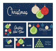 tennis Christmas card set. Merry Christmas sport flat greeting card. Hang on a thread tennis ball as a xmas ball and color bauble on blue background. Sport Vector illustration collection.