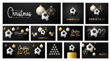Soccer Christmas card set. Merry Christmas sport greeting card. Hang on a thread football ball as a xmas ball and golden bauble on black background. Sport Vector illustration collection.