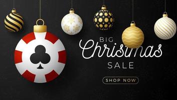 Christmas poker sale card. Merry Christmas sport greeting card. Hang on a thread casino chip as a xmas ball and bauble on horizontal background. Sport Vector illustration.