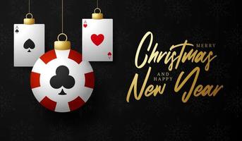 poker Christmas card. Merry Christmas sport greeting card. Hang on a thread poker chip as a xmas ball and golden bauble on black background. Sport Vector illustration.