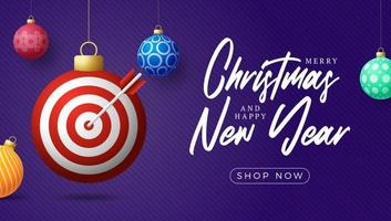 Tarjeta de venta de Navidad Target Dash. Feliz Navidad tarjeta de felicitación deportiva. colgar en un tablero de destino de hilo como una bola de Navidad y chuchería sobre un fondo horizontal. Ilustración de vector de deporte.