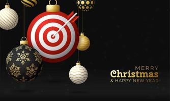 tarjeta de navidad de target dash. Feliz Navidad tarjeta de felicitación deportiva. colgar en un tablero de destino de hilo como una bola de Navidad y adorno dorado sobre fondo negro. Ilustración de vector de deporte.